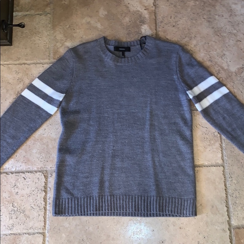 Gray Sweater with white stripes on the arm